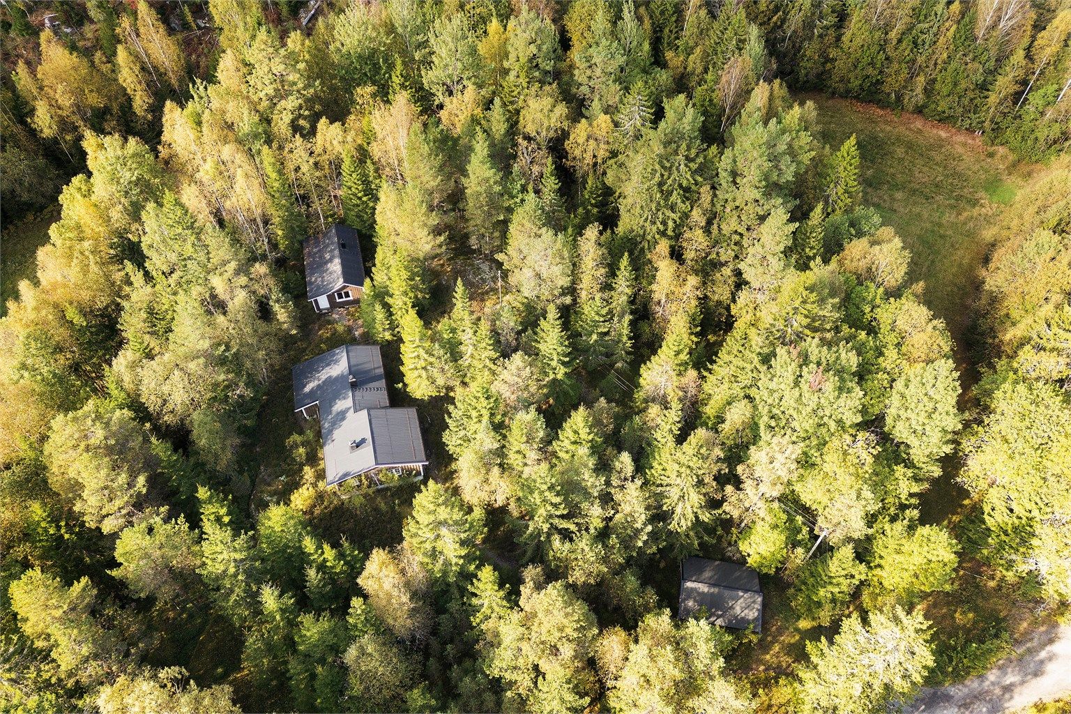 På bildet ser du fra høyre; garasje, enebolig, anneks (hytte) - Lengre bak er det et verkstedskur og et utedass - Boligen har eneboligstandard med innlagt offentlig vann og avløp, samt strøm