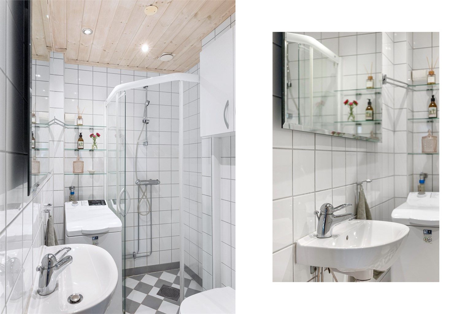 Lyst og flislagt baderom fra 2005 med behagelig gulvvarme, nedsenket trepanelhimling med downlights og opplegg for vaskemaskin. Vaskemaskin medfølger. 
