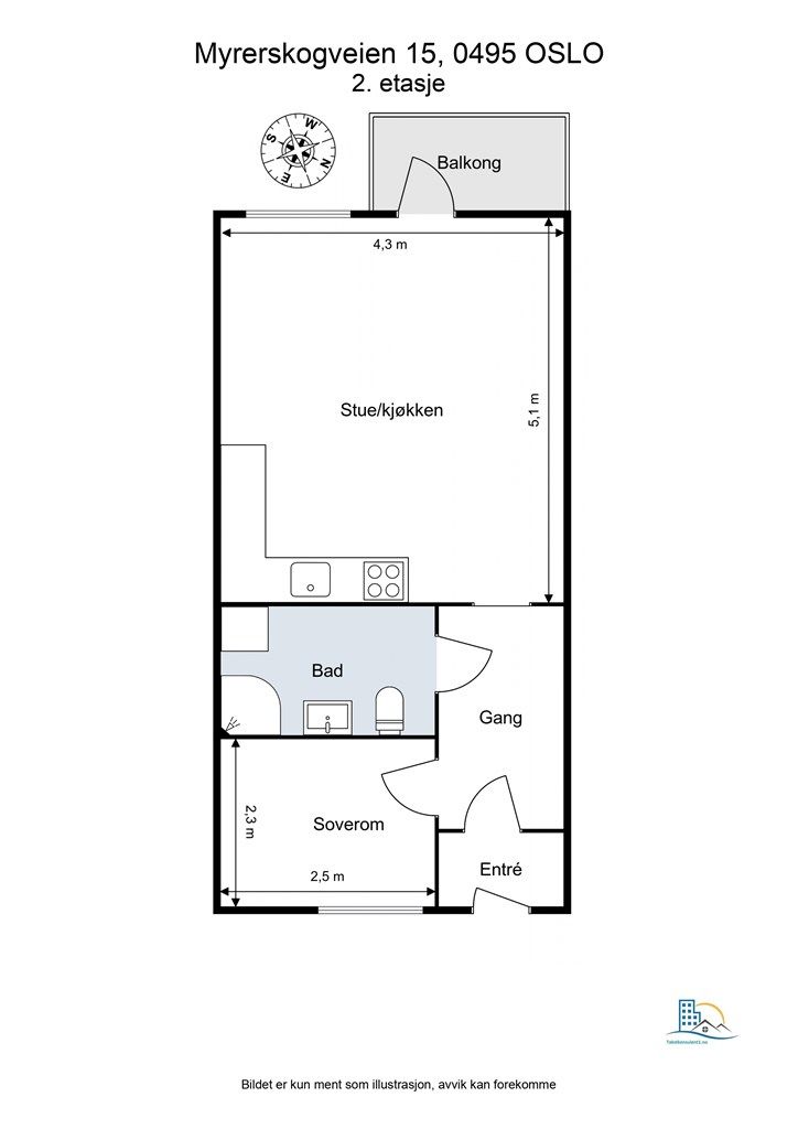 Arealeffektiv planløsning som omfatter stue/kjøkken, bad, entré og et soverom.