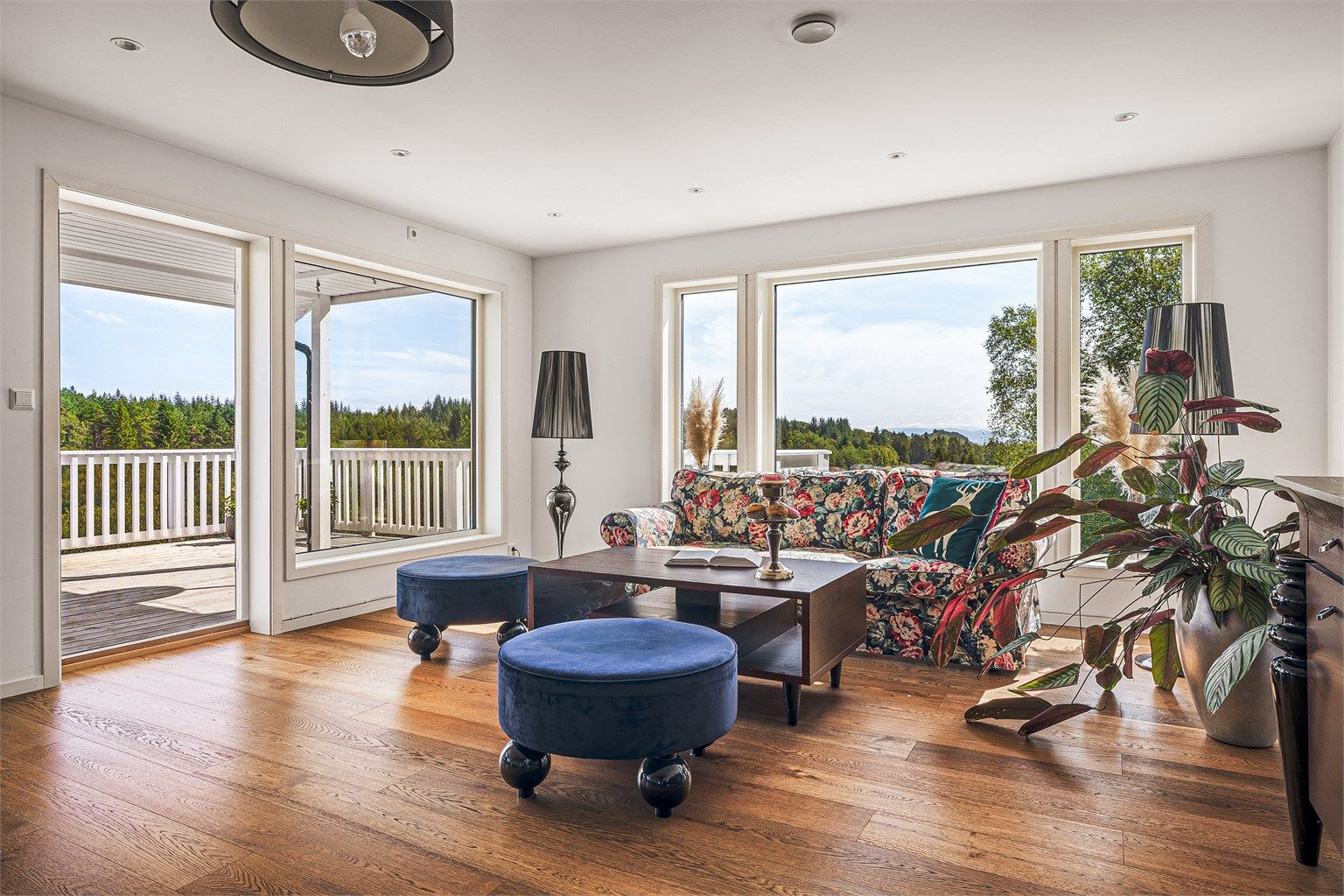 Stor stue med direkte utgang til veranda.