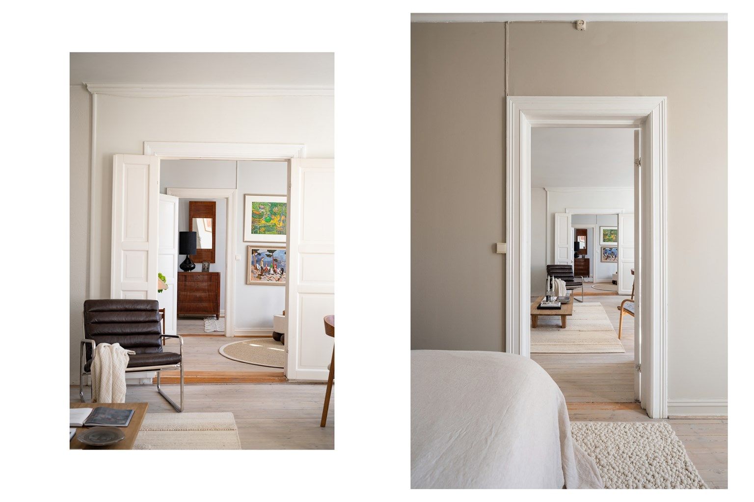 Gjennomgående siktlinjer og klassiske, doble dører binder rommene sammen og forsterker den romslige følelsen.