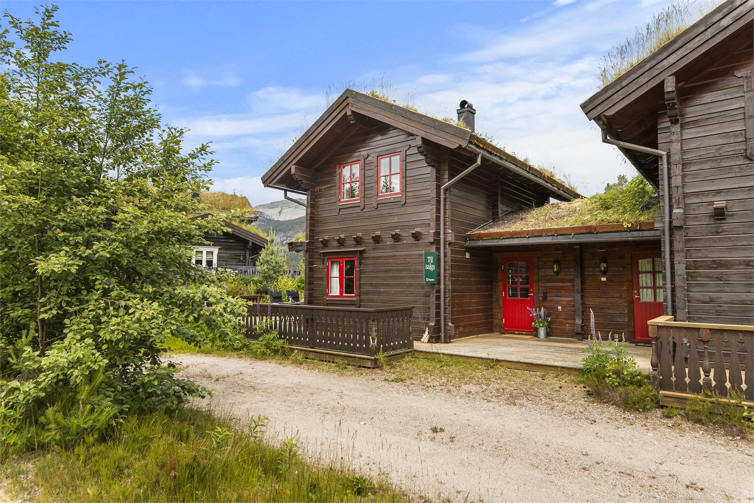 Gruset gårdsplass og parkering ved hytta.