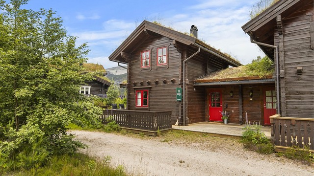 Gruset gårdsplass og parkering ved hytta.