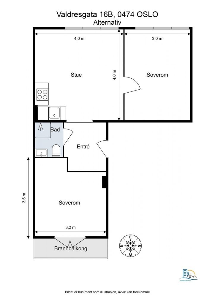 Den fleksible planløsningen åpner for muligheten til å etablere et ekstra soverom ved å flytte kjøkkenet ut i stuen, som vist i dette alternative forslaget.