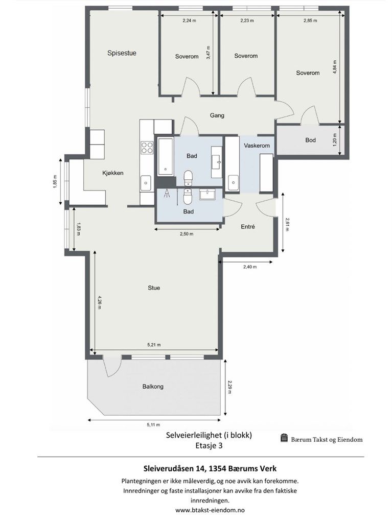 Plantegningen viser en innholdsrik leilighet på hele 119 m² med tre soverom, to bad og god lagringsplass.