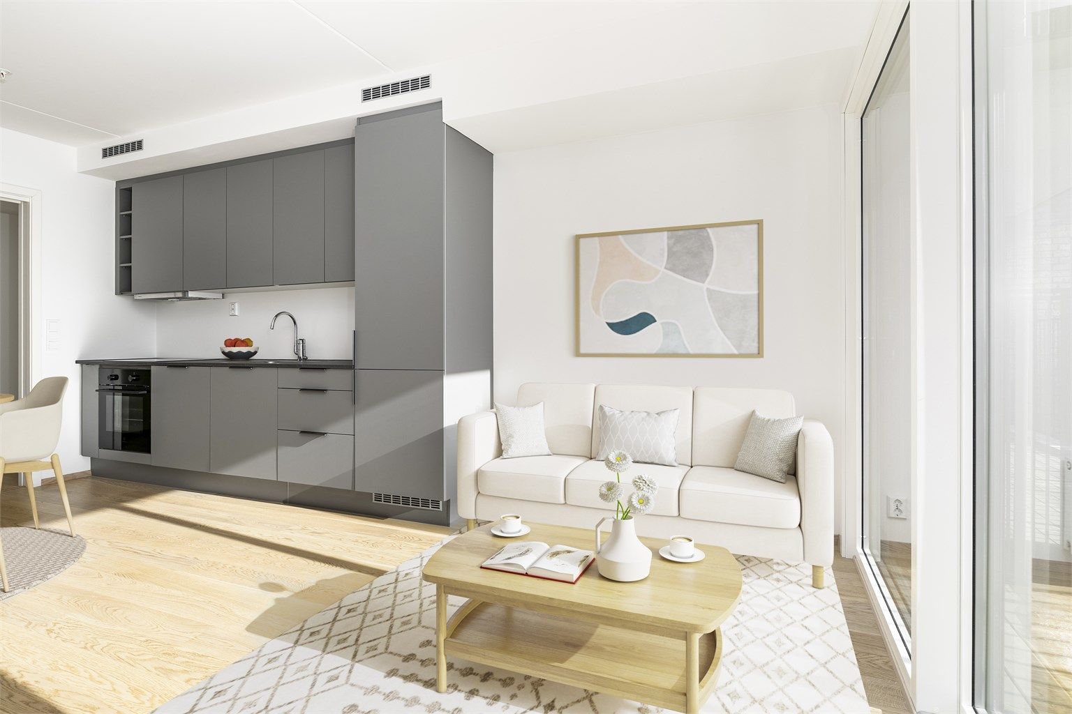 Velkommen til Sentrumshagene, sentralt i Ås. Leiligheten presenteres av Krogsveen. Bildet er digitalt stylet. Fotograf; Børge Oppegård.