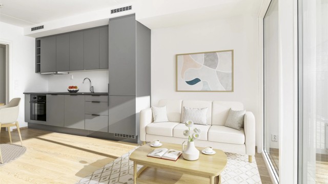 Velkommen til Sentrumshagene, sentralt i Ås. Leiligheten presenteres av Krogsveen. Bildet er digitalt stylet. Fotograf; Børge Oppegård.