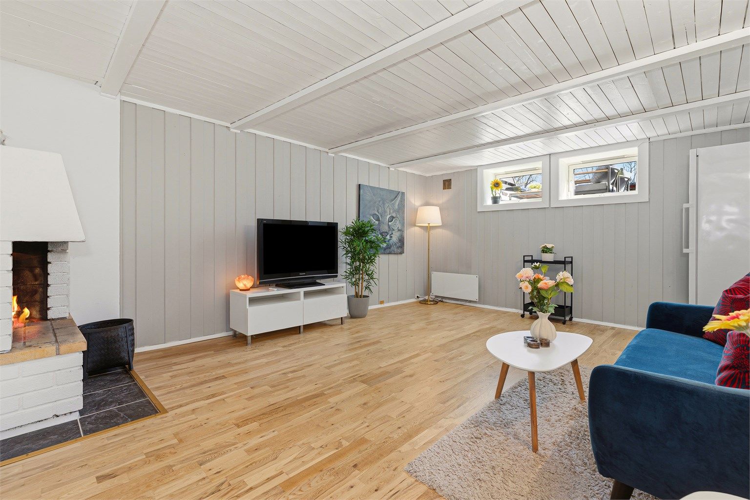 Kjellerstue (Flamme i peis er satt inn av fotograf, dagnes eier har ikke benyttet peisen) (Rommet er ikke godkjent til varig opphold)