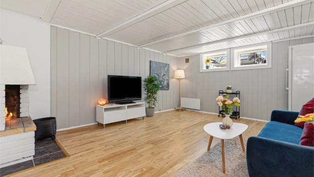Kjellerstue (Flamme i peis er satt inn av fotograf, dagnes eier har ikke benyttet peisen) (Rommet er ikke godkjent til varig opphold)