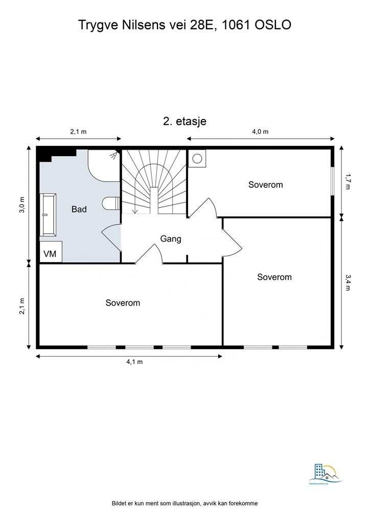 Andre etasje er en privat sone med tre soverom og et felles bad, adskilt fra de sosiale rommene.