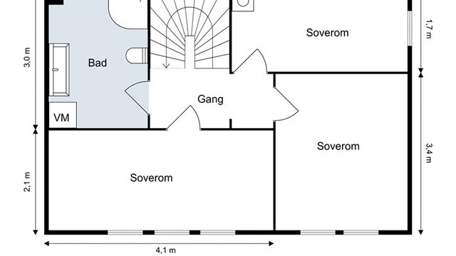 Andre etasje er en privat sone med tre soverom og et felles bad, adskilt fra de sosiale rommene.