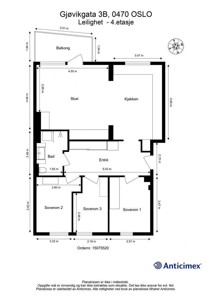 Plantegning. Praktisk planløsning som skiller oppholdsrom og soverom med balkong i sydvestvendt retning.