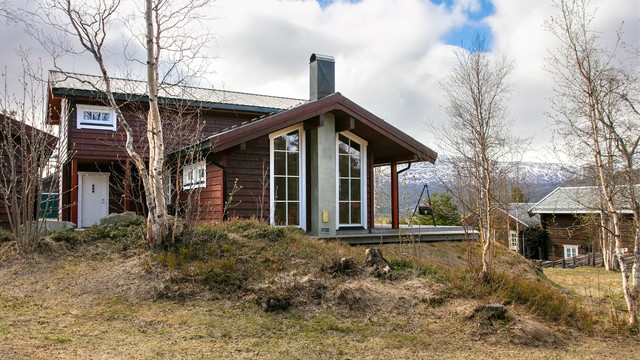 Fasaden mot vest har store vinduer som slipper inn mye naturlig lys i stuen.