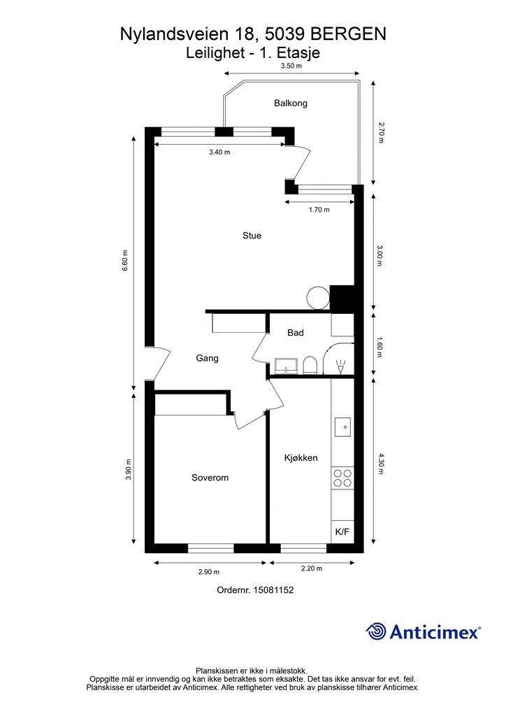 Plantegning. Leiligheten ligger i byggets 1. etasje og har en enkel adkomst med få trappetrinn.