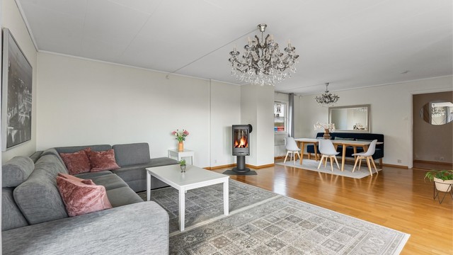 Stuen har plass for sofagruppe, TV-seksjon, spisegruppe og annet passende møblement