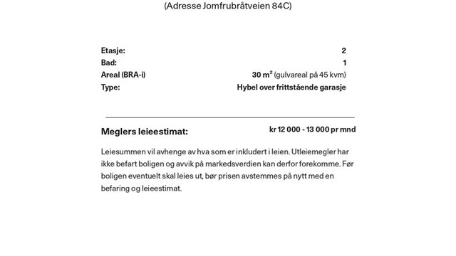 Utleieestimat. Hybelen har egen adresse, Jomfrubråtveien 84C