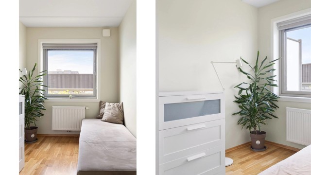 Her er det god plass til seng, skrivebord og garderobeskap.