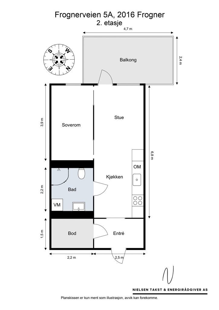 Plantegningen viser en arealeffektiv leilighet på 41 m² med en gjennomtenkt romfordeling.