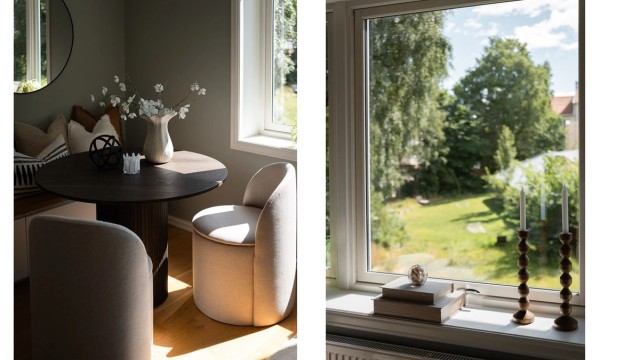 Her kan du nyte lange frokoster med utsyn mot en grønn og rolig bakgård.