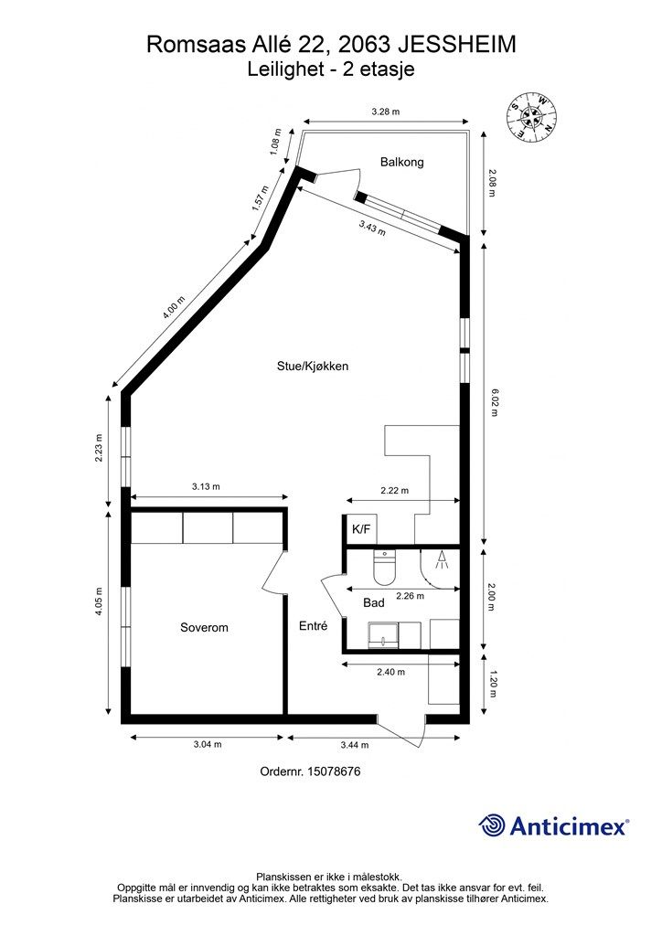 Plantegning med innvendige mål og himmelretning.