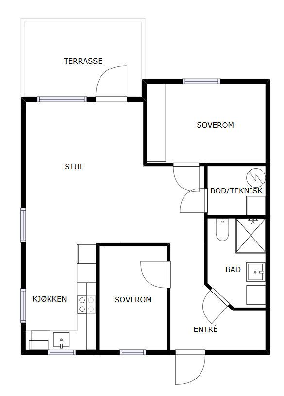 Veiledende planskisse. Leiligheten disponerer også ekstern bod.