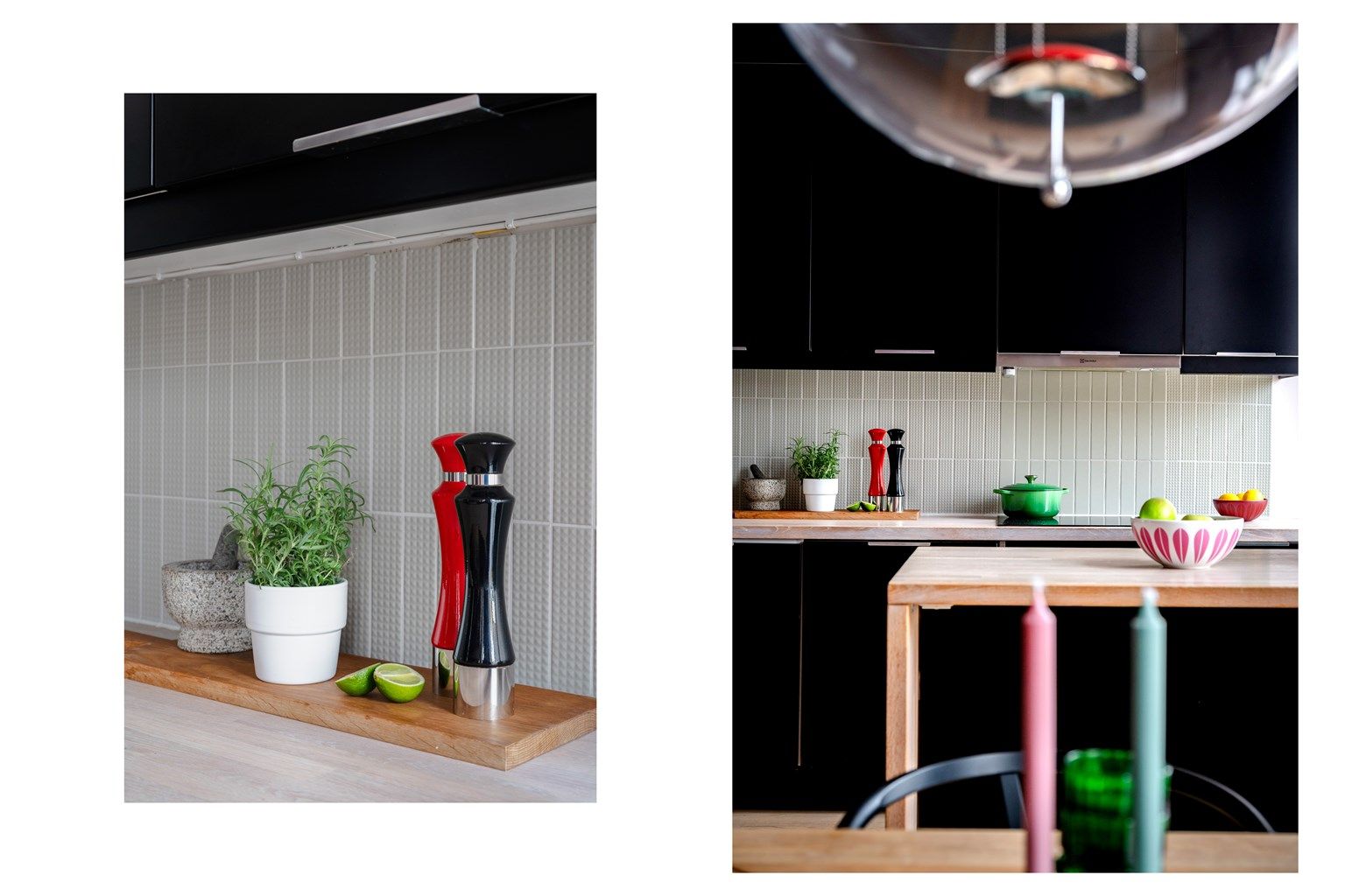 Benkeplaten er i solid heltre, og mellom benk og overskap er det lagt flotte, italienske fliser.