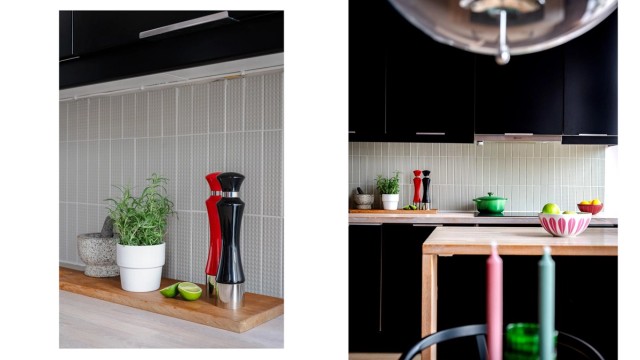 Benkeplaten er i solid heltre, og mellom benk og overskap er det lagt flotte, italienske fliser.