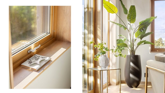 De store vinduene sikrer rikelig med dagslys inn i stuen.
