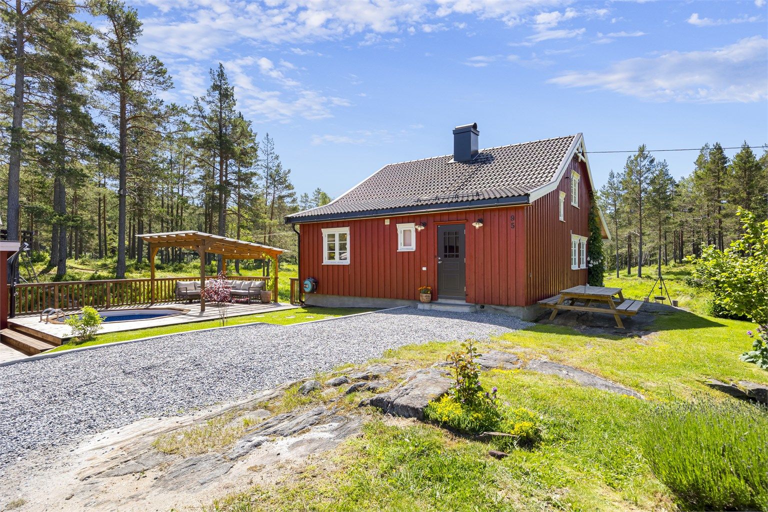 Eneboligen har stående trekledning og tak tekket med Skarpnes takstein i 2017.