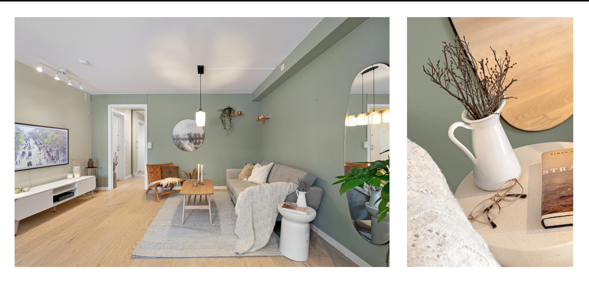 Tidsriktige og delikate farger er valgt på alle rom, og gir en fin atmosfære til leiligheten