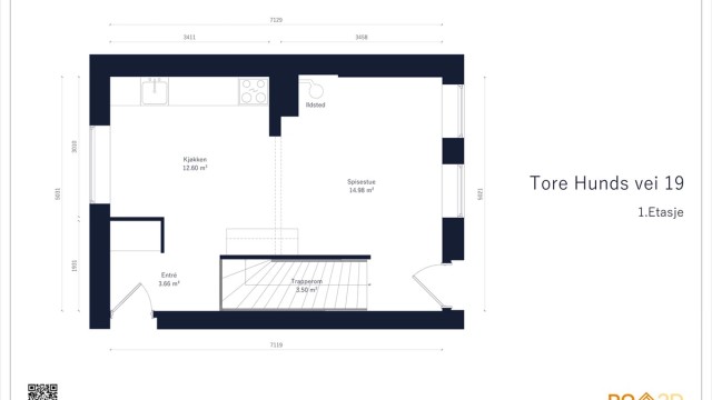 Første etasje har en sosial planløsning med åpen sone mellom kjøkken og spisestue.
