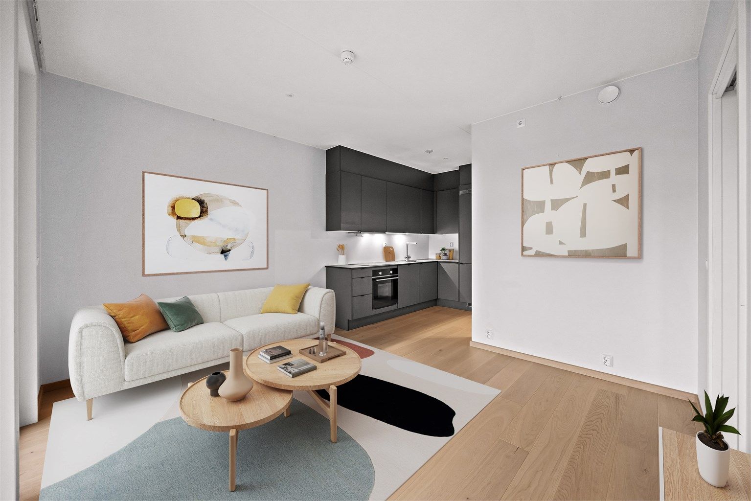 Stuen har plass til en hyggelig sofagruppe med tilhørende TV-løsning Foto: René Borghagen (bildet er digital stylet).