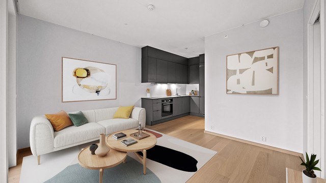 Stuen har plass til en hyggelig sofagruppe med tilhørende TV-løsning Foto: René Borghagen (bildet er digital stylet).