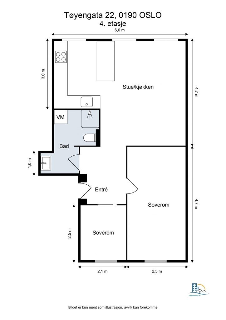 Boligen har en arealeffektiv og smart planløsning med to romslige soverom vendt mot rolig bakgård, samt en sosial stue-/kjøkkenløsning. 