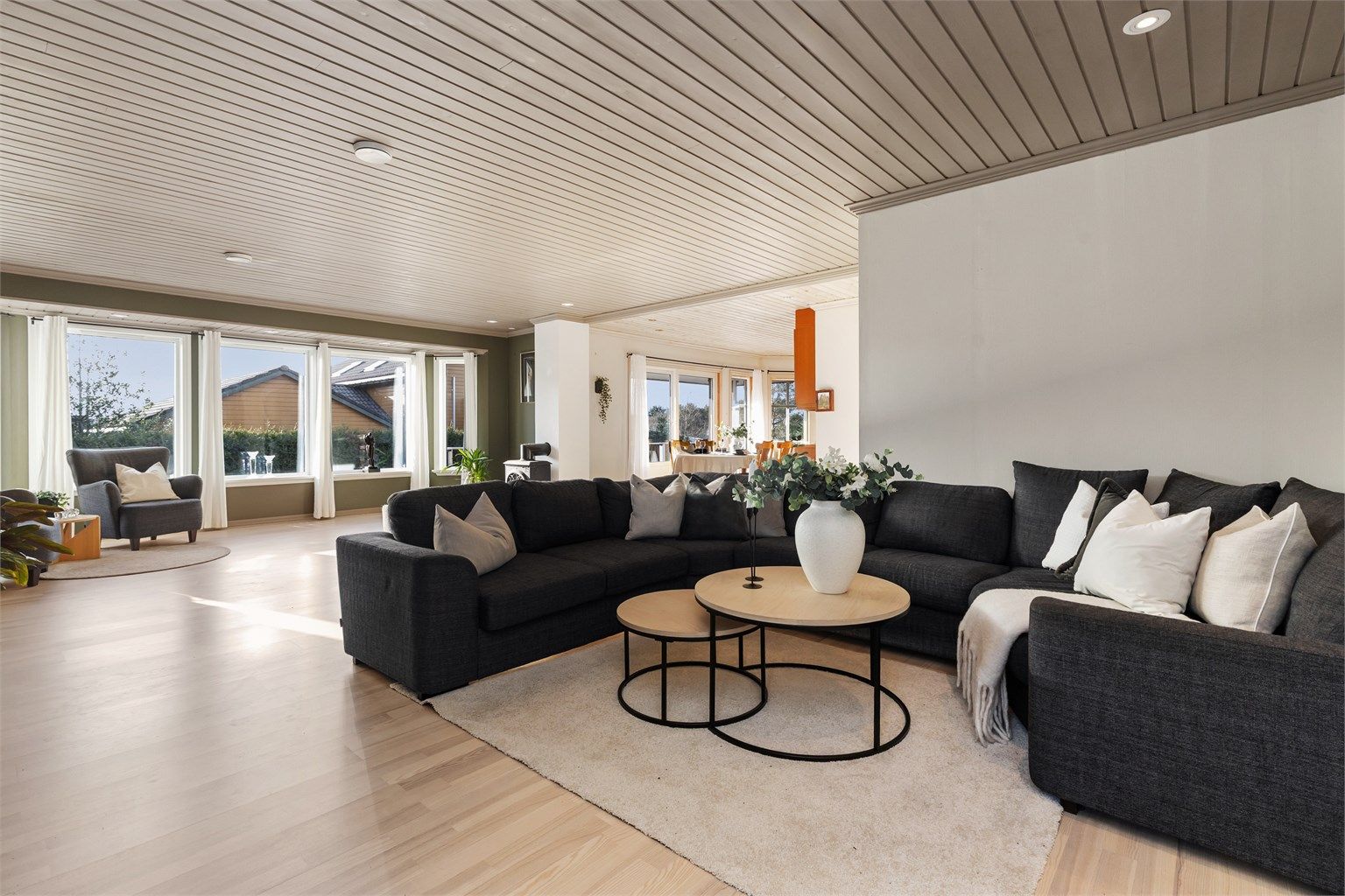 Rommet har god plass til en stor sofagruppe for hele familien.