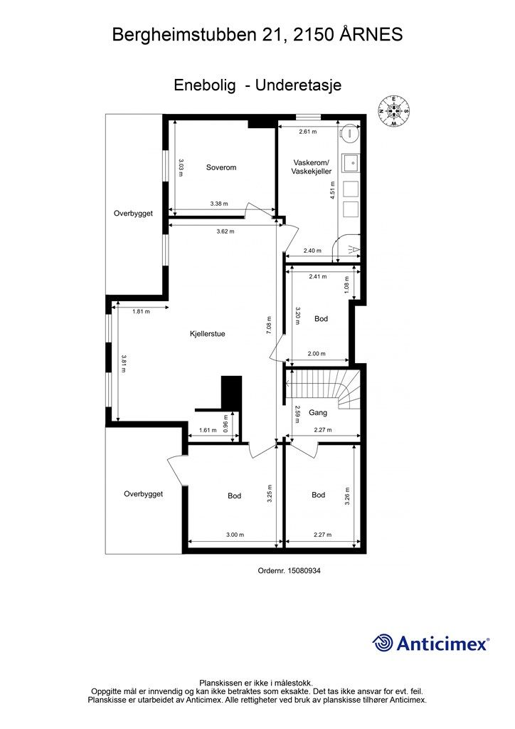 Plantegning - underetasje. Underetasjen er godkjent som tilleggsdel (disp., sport og vaskerom), men brukes delvis som kjellerstue og soverom. Dette er hoveddel/rom for varig opphold og er søknadspliktig bruksendring.