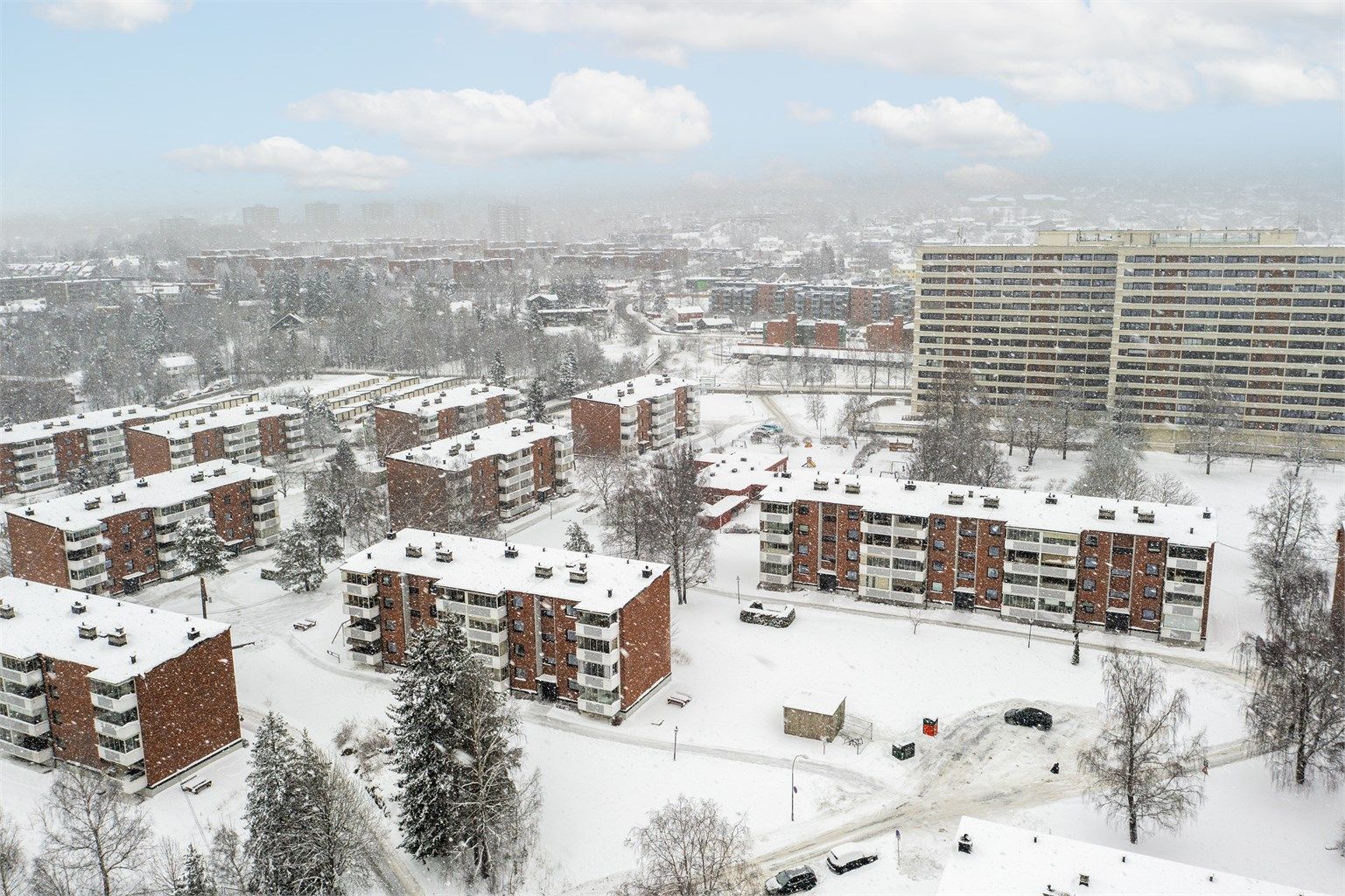 Oversiktsbilde av borettslaget. Østmarka i horisonten.
