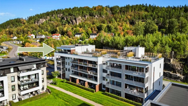 Felles overbygget inngangsparti med videre heis- og trappeadkomst til leilighetens etasjeplan (5. etasje).