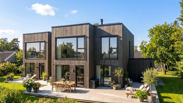 Velkommen til Stangåsveien 21C - Meget tiltalende eiendom med funkispreg, i et attraktivt og barnevennlig boligområde på Myrvoll (AI-redigert bilde til sommerstid)