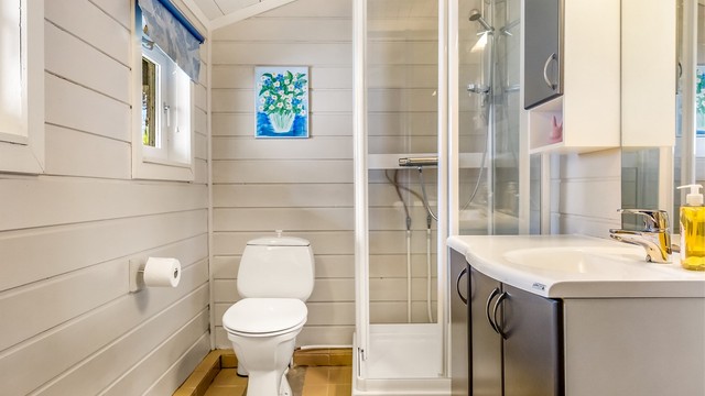 Badet er utstyrt med dusjkabinett, gulvstående toalett og servantinnredning.