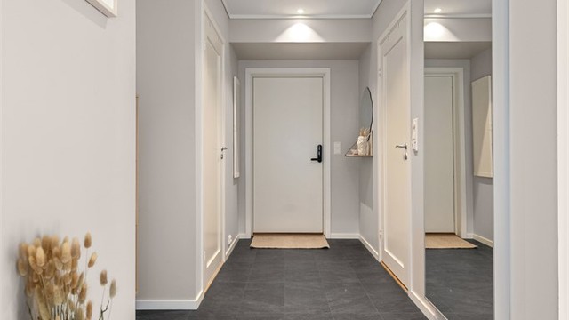 Gangen har downlights i himlingen og glatte innerdører.