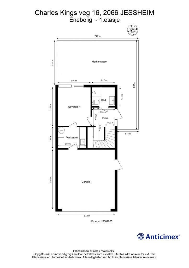Plantegning 1. etasje - Etasjen er en praktisk sone med entré, bad, soverom og et romslig vaskerom med direkte adkomst fra den doble garasjen.