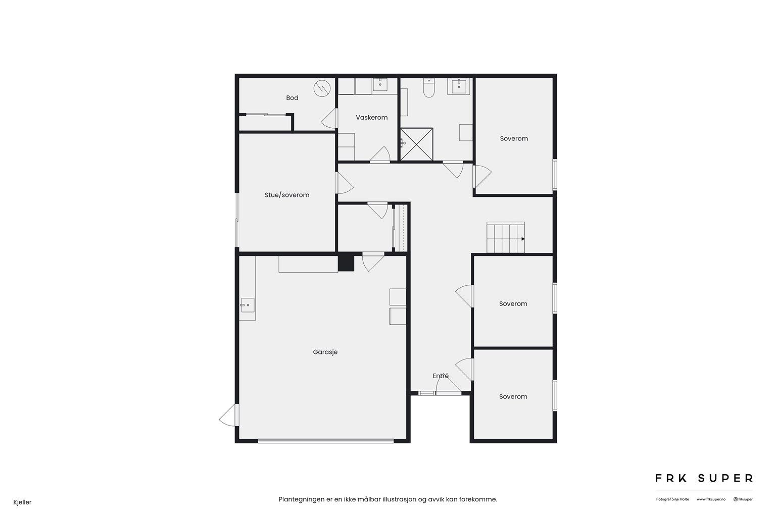Planskisse av  underetasjen. Meget god planløsning med blant annet integrert stor garasje. Store soverom samt lekkert bad/wc og nydelig inngangsparti med gang/hall. Egen stue også i denne etasjen. Bildene i fortsettelsen er fra denne etasjen.