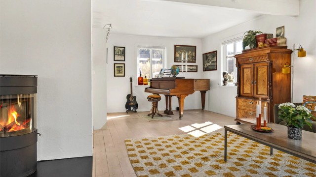 En effektiv varmepumpe fra 2020 og en peisovn sørger for både jevn varme og hygge i stuen.