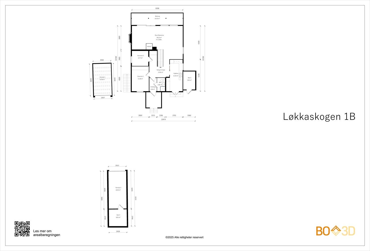 Plantegning hovedetasje inkludert boligens to garasjer 
