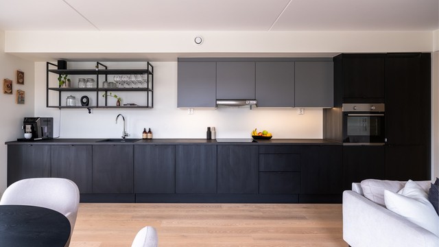 Det er integrerte hvitevarer - nedfelt induksjonstopp, oppvaskmaskin, stekeovn og kjøleskap med fryser.