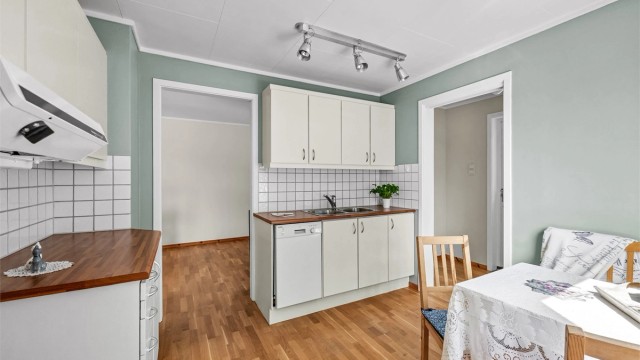 Innredningen gir godt med oppbevaringsplass i over- og underskap, samt en ventilator med kullfilter.