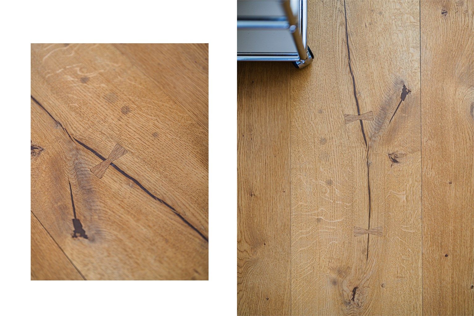 Eksklusive Dinesen eikegulv med karakteristiske detaljer er gjennomgående i boligen.