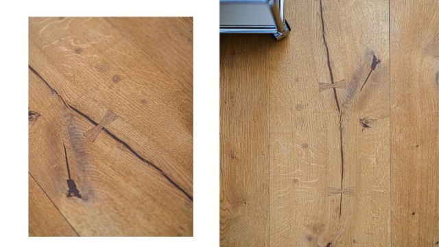 Eksklusive Dinesen eikegulv med karakteristiske detaljer er gjennomgående i boligen.