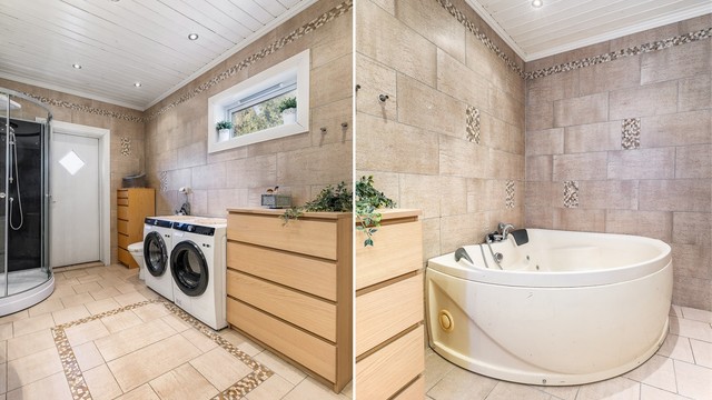 Badet er på hele 13 kvm. og fyller også dels rollen som vaskerom. Gjennom ytterdøren kan klesvasken enkelt tas med ut til tørk i friluft.